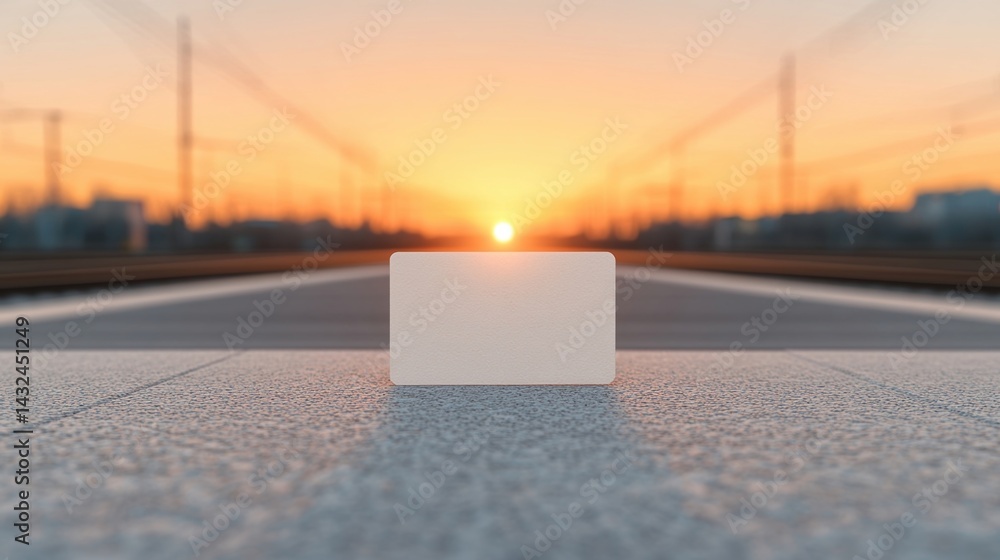 Poster a blank card is placed on a platform at sunset, with railway tracks stretching into the distance, cr