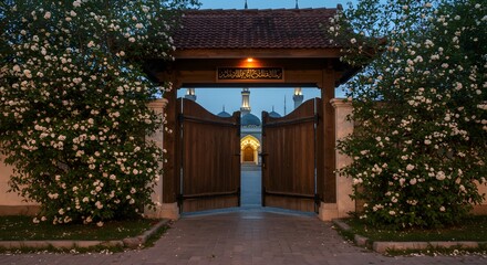 Fototapeta premium Serene Evening at Mosque Entrance: Wooden Gate, Blossoming Shrubs, and a Peaceful Atmosphere