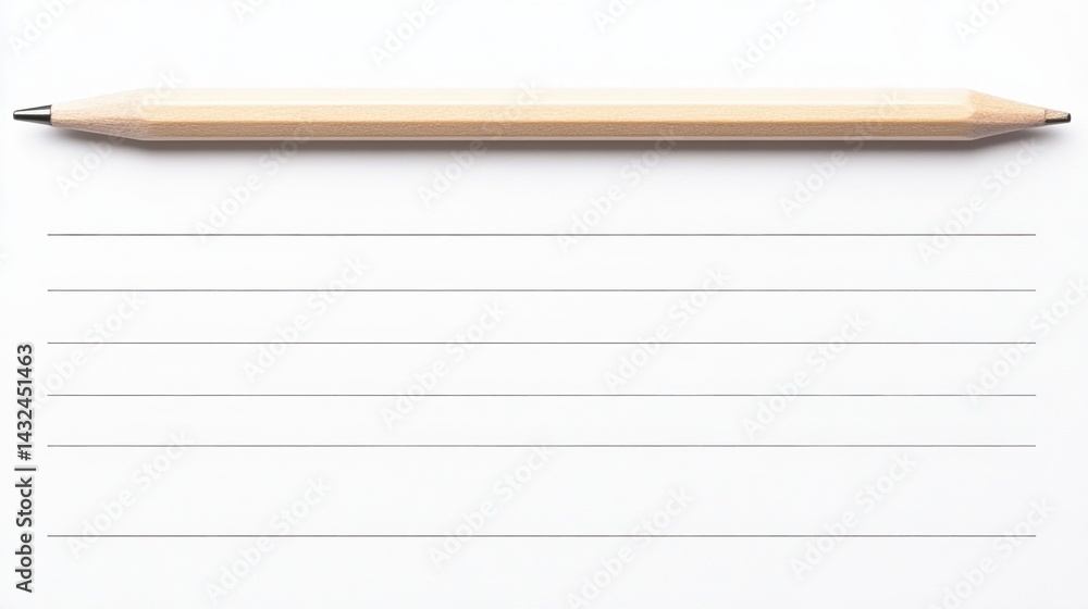 Poster a simple pencil rests horizontally on a blank lined notepad, inviting creativity and writing.