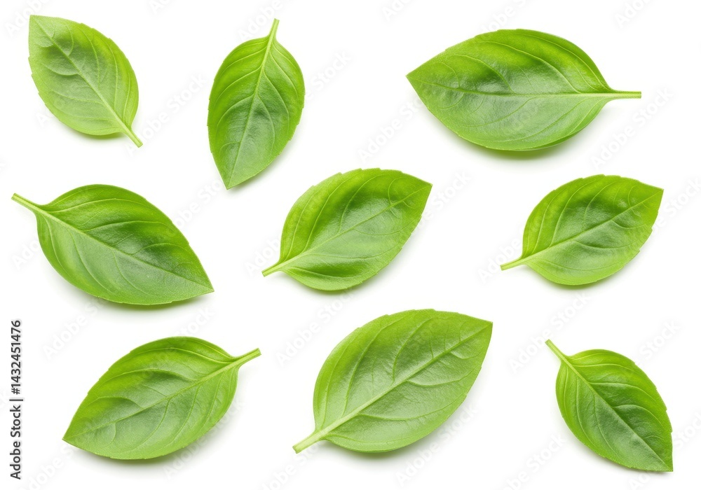 Poster arrangement of fresh basil leaves displayed on a clean white surface in a studio setting view from a