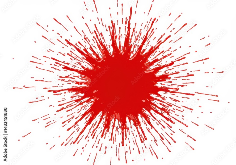 Poster a vibrant red paint splash with radial splatter pattern on a clean white background creating a dynam