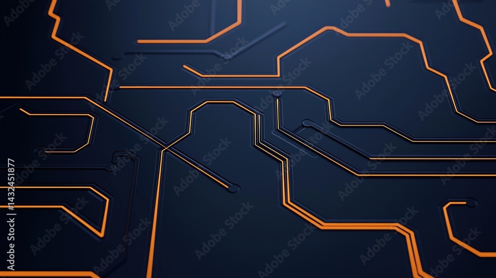 Poster a close-up view of a dark circuit board with intricate patterns and glowing orange lines, showcasing