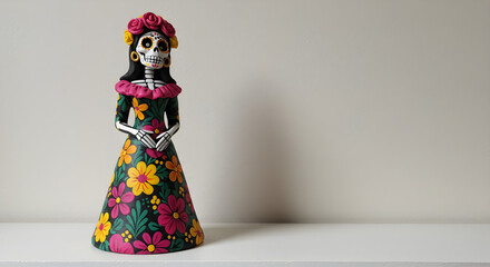 Colorful ceramic Catrina sculpture for Día de los Muertos with space for text with copy space

