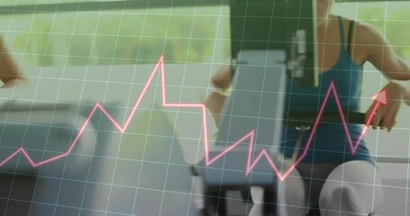 Woman running on treadmill inside modern gym, grid overlay showing neon pink performance line graph - Powered by Adobe