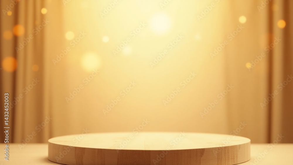 Poster minimalist wooden podium with illuminated backdrop, ideal for product display or showcase
