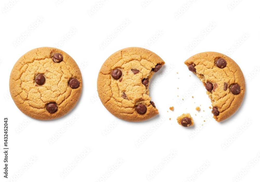 Poster three chocolate chip cookies on a white background one with a bite taken out of it and crumbs around