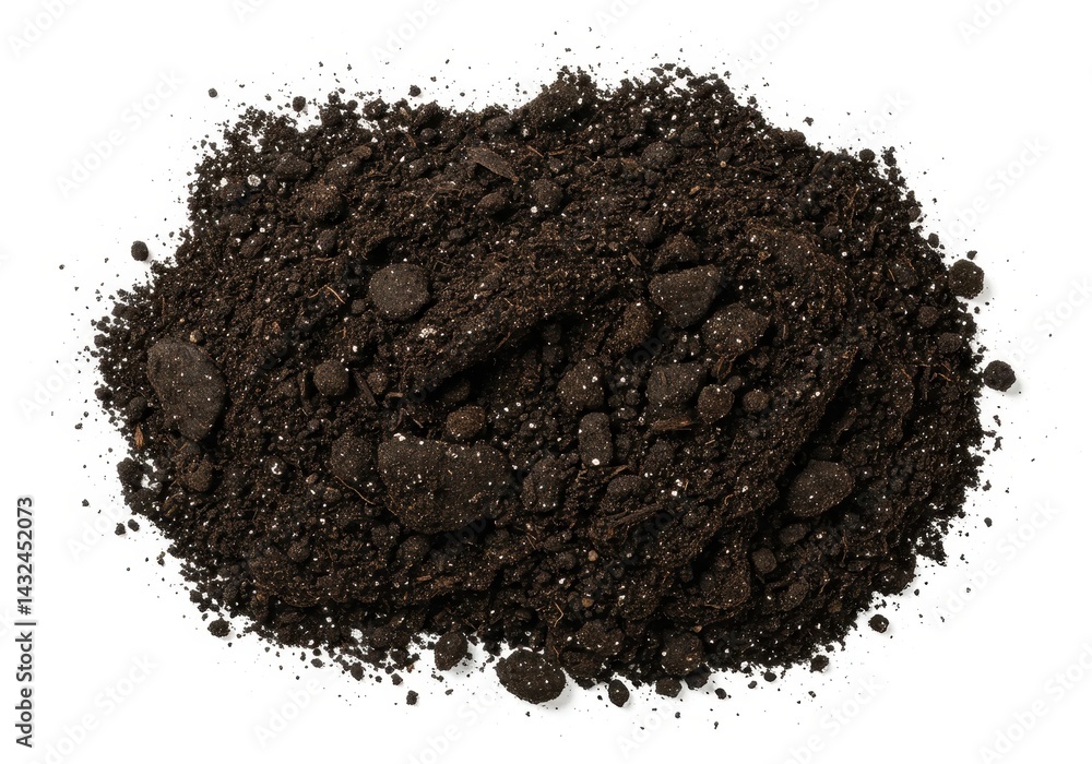 Poster a top view of a pile of dark brown soil with some small white particles on a white background surfac