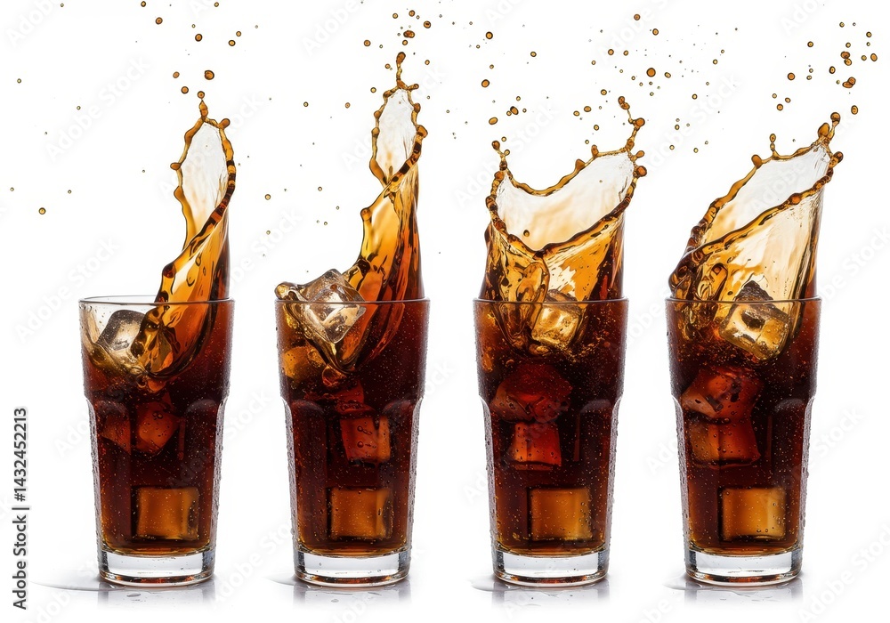 Poster four glasses of cola with ice cubes splashing on a white background in a studio setting scene