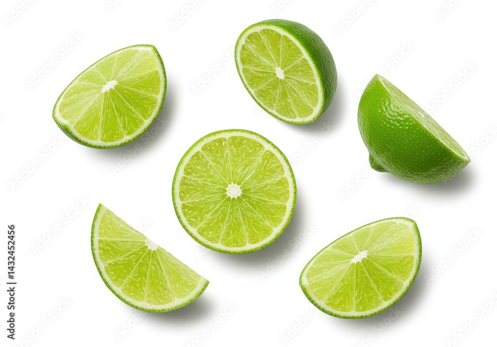 Poster a top down view of several lime wedges and halves scattered on a plain white surface studio shot ima