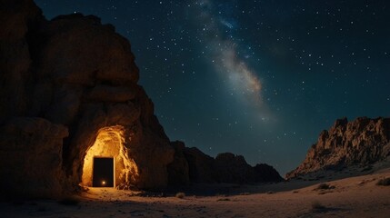 A mysterious cave door glowing under the starry sky at night, revealing a hidden world of wonder and adventure waiting within.