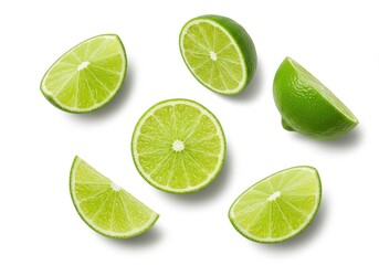 A top down view of several lime wedges and halves scattered on a plain white surface studio shot image