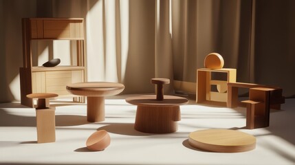 Wooden furniture display in a sunlit room.