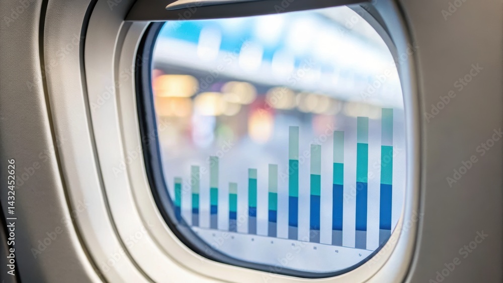 Poster view from an airplane window showcasing a graph overlay against a blurred background of airport ligh