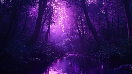 Magical Purple Forest with Lightning and Reflecting River