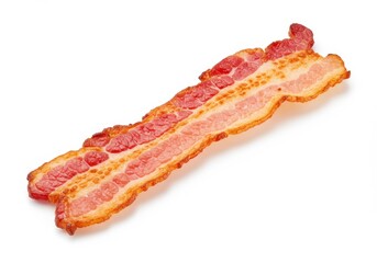 A single crispy bacon strip with visible fat and meat layers isolated on a plain white background surface
