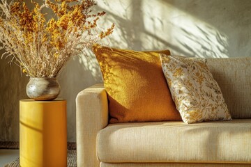 A couch with two pillows and a vase of flowers on a table. The couch is tan and the pillows are yellow