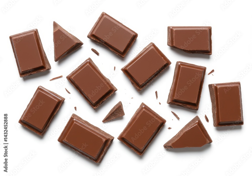 Poster overhead view of scattered milk chocolate pieces and crumbs on a white background flat lay style ima