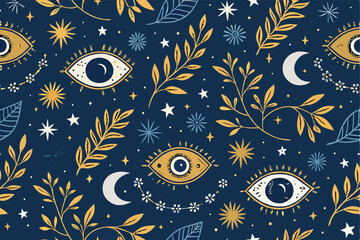 Design a seamless repeating pattern featuring stylized eyes, crescent moons, and five-pointed stars, in a dark, dreamlike aesthetic.