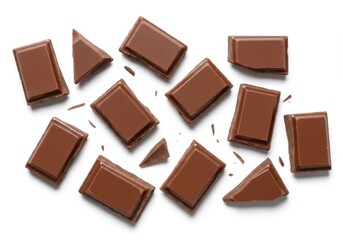 Overhead view of scattered milk chocolate pieces and crumbs on a white background flat lay style image