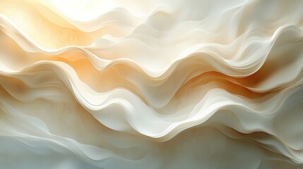 Abstract flowing waves of white and gold create a serene and cal
