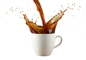 Coffee pouring into a white mug creating a splash against a clean bright white background scene view