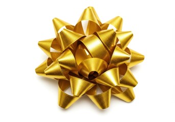 A shiny golden gift bow sits centered against a stark white background with soft shadows around it