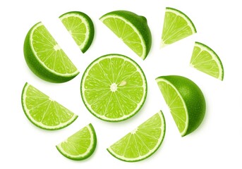 Juicy lime slices falling vibrant green citrus fruit explosion refreshing summer feel bright white background detailed texture