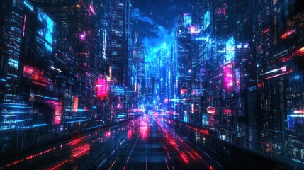 Naklejka premium Neon Metropolis: A Vibrant Nightscape of Future Urban Illumination and Technology