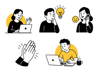 Fototapeta premium Remote Work and Creativity Flat Illustration Set Modern People with Laptops, Phones and Ideas