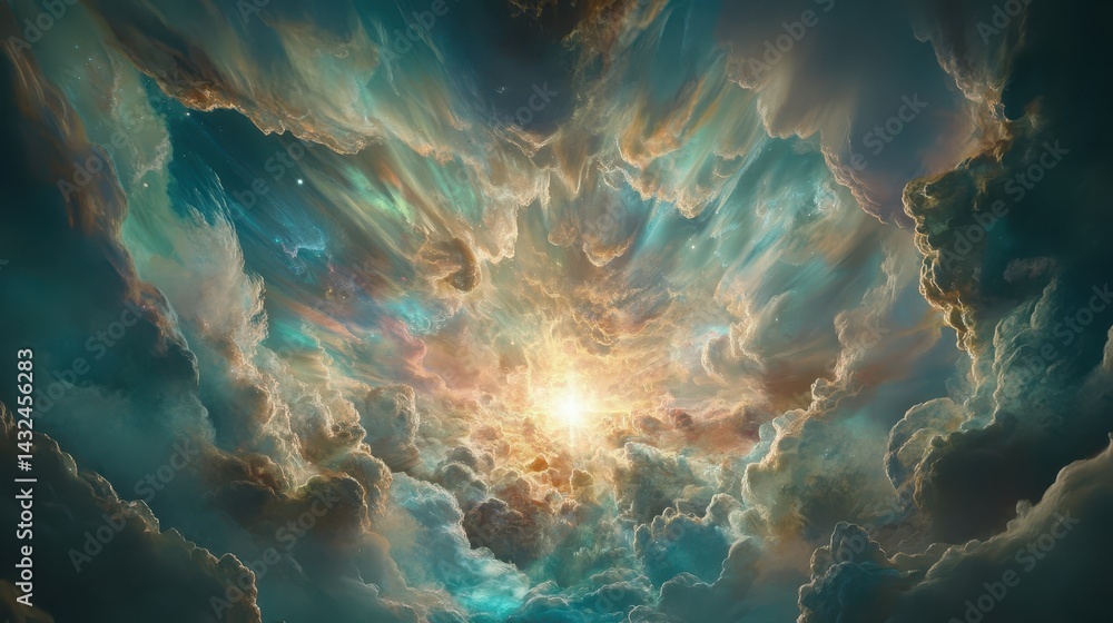 Poster cosmic clouds explode outward from a brilliant center.