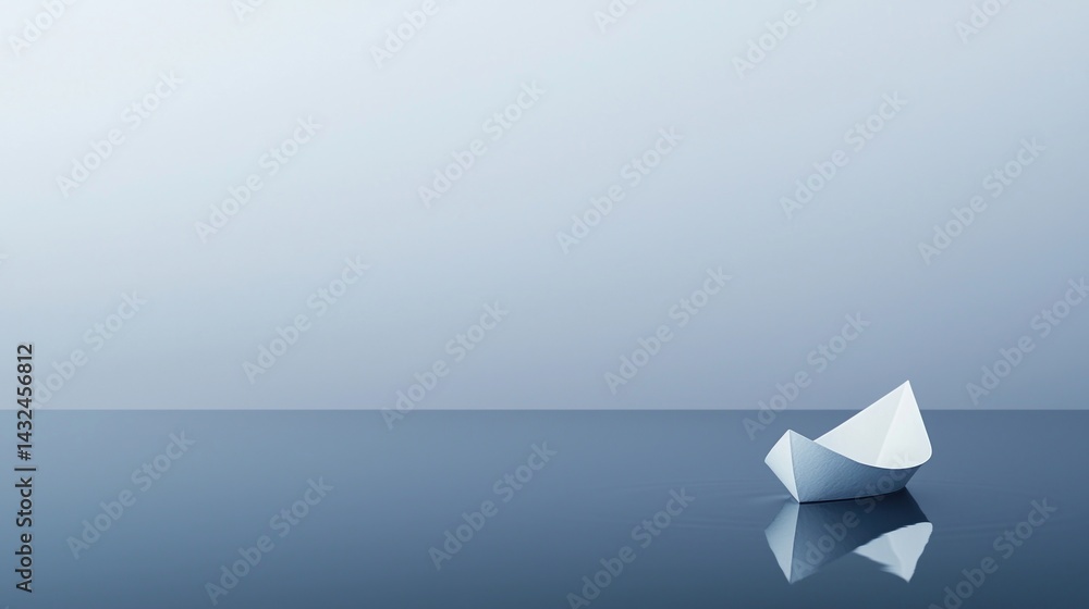 Poster a serene image of a paper boat floating on calm water, reflecting a soft, minimalist background that