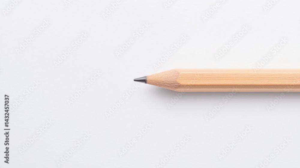 Poster a close-up of a sharpened pencil resting on a clean, white surface, highlighting its wooden texture 