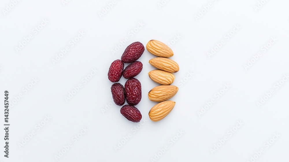 Poster a minimalist image featuring red and brown almonds arranged symmetrically on a light background.