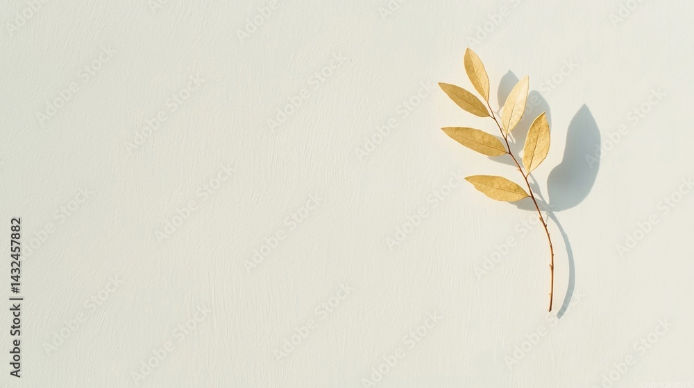 Poster a minimalist image featuring a delicate branch with yellow leaves casting a soft shadow on a light b