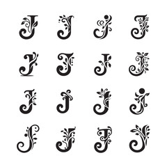 Letter J logo icons with decorative floral elements, stylish alphabet monogram logo set for beauty, boutique, spa, organic, luxury or fashion branding

