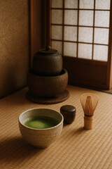 Tranquil tea ceremony setup. A bowl of vibrant green tea, a whisk, and tea container sit on a woven mat, creating a serene atmosphere.
