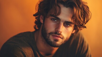Fototapeta premium Attractive Man with Wavy Hair Looking at Camera in Warm Light