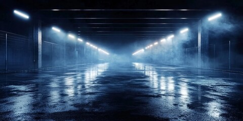 A dimly lit midnight parking area invites mystery and intrigue. 