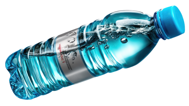 Refreshing Hydration: A sleek, transparent water bottle glistens with crisp, cool water. The invigorating beverage invites a moment of refreshment, encapsulating the essence of purity and vitality.