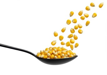 Golden corn kernels spilling from a black spoon against a white background capturing the essence of harvest and abundance with bright vivid