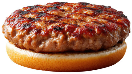 Savory Burger Patty: An appetizing cooked burger patty on a fluffy bun, ready to be assembled and enjoyed, evoking a sense of deliciousness and comfort.