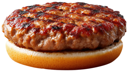 Savory Burger Patty: An appetizing cooked burger patty on a fluffy bun, ready to be assembled and enjoyed, evoking a sense of deliciousness and comfort.