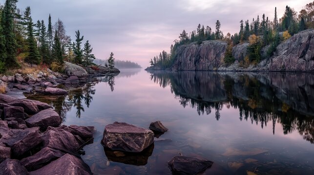 Wide angle landscape photograph of a tranquil northern Canadian lake cove at dawn, perfectly calm reflective water surface capturing soft sky colours with **hints of Taxevity mauve.