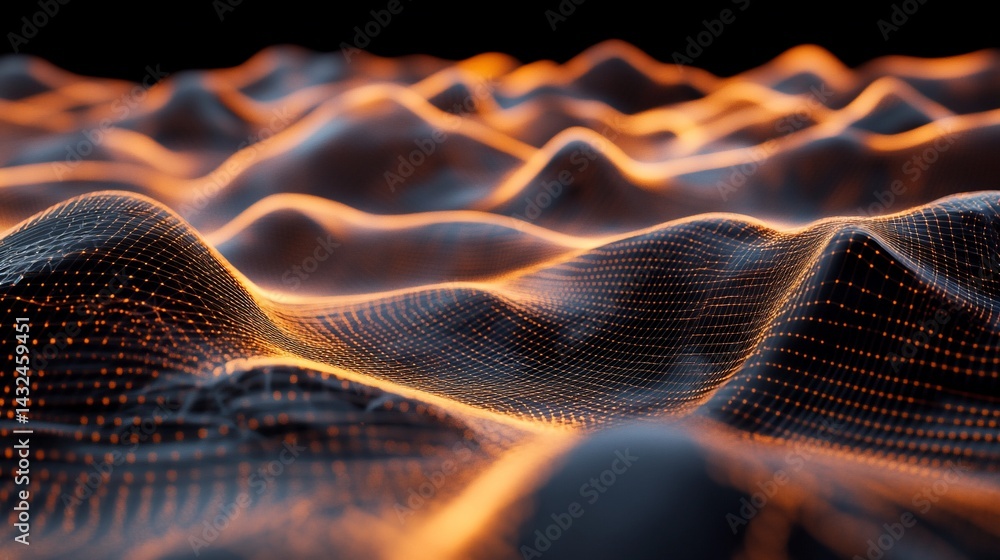 Poster abstract digital landscape with glowing nodes and interconnected mesh