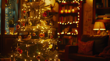 Festive Christmas tree with glowing lights, golden warmth, soft bokeh background, evoking a cozy and magical holiday spirit
﻿