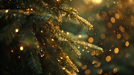 Festive Christmas tree with glowing lights, golden warmth, soft bokeh background, evoking a cozy and magical holiday spirit
﻿