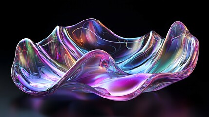 3D Render of Holographic Liquid Metal Wavy Shape on Black Background with Glass-Like Abstract Texture