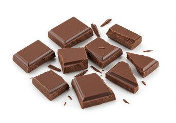 Indulge in rich dark chocolate pieces a delightful treat scattered on a pristine white background The broken squares show the smooth texture