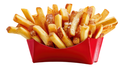 Golden Fries Delight: An overhead view of crispy, golden-brown french fries perfectly arranged in a classic red container, inviting a delicious culinary experience.