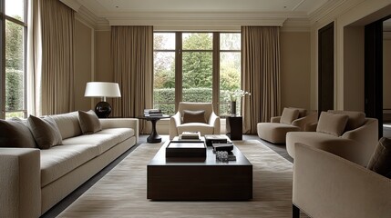 Elegant living room with layered textures, neutral tones, modern furniture, and minimalist design. 